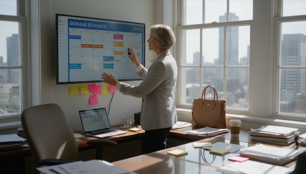 Manager adjusting digital signage in office