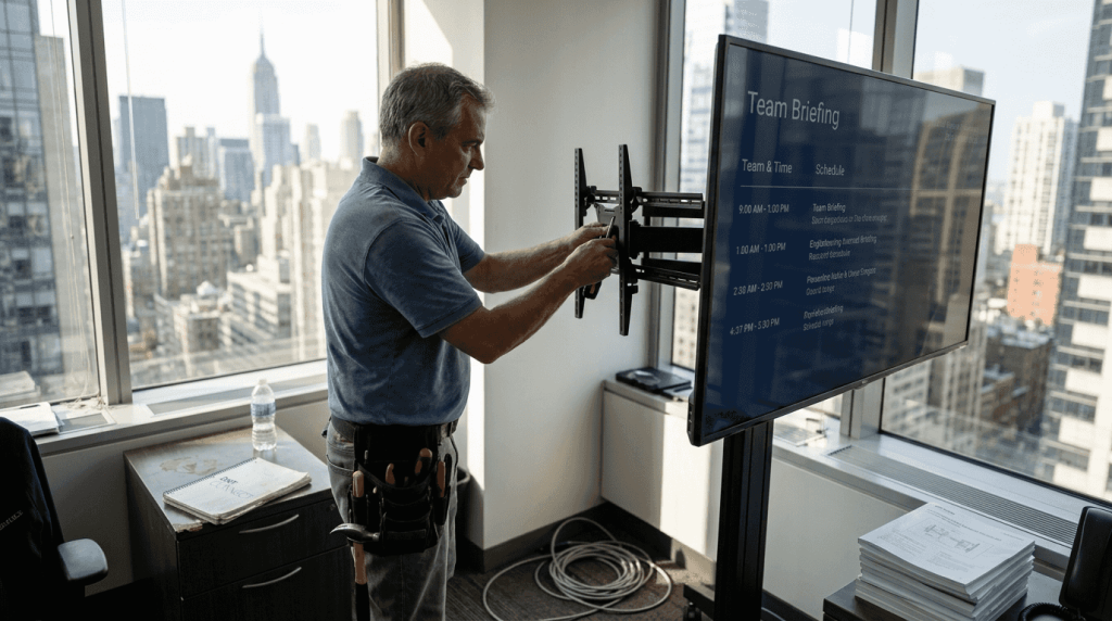 Technician setting up AV signage display