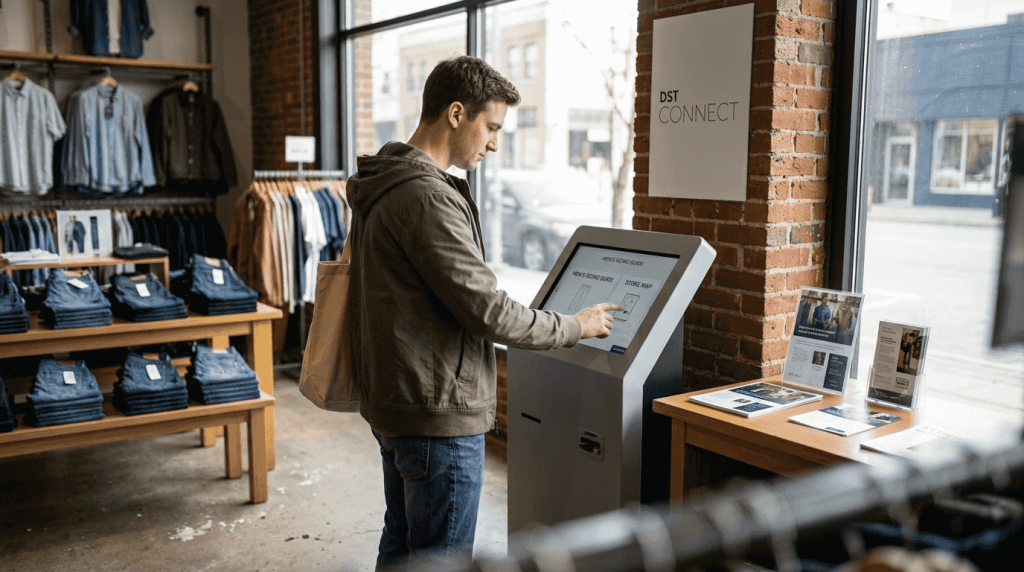 Shopper using touchscreen kiosk in retail store