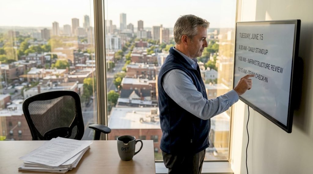 IT manager using digital display in corner office