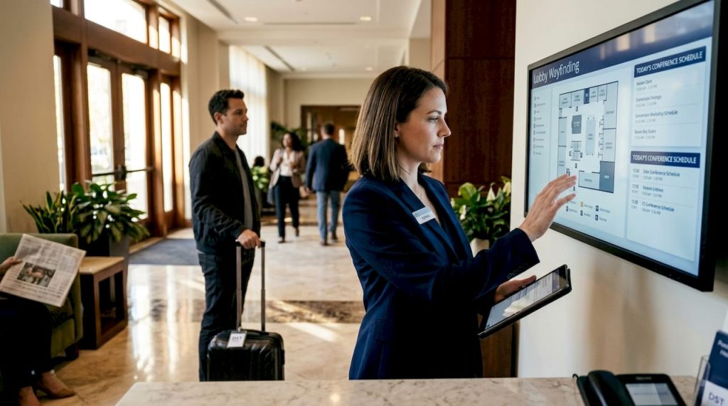 Hotel front desk agent using digital signage