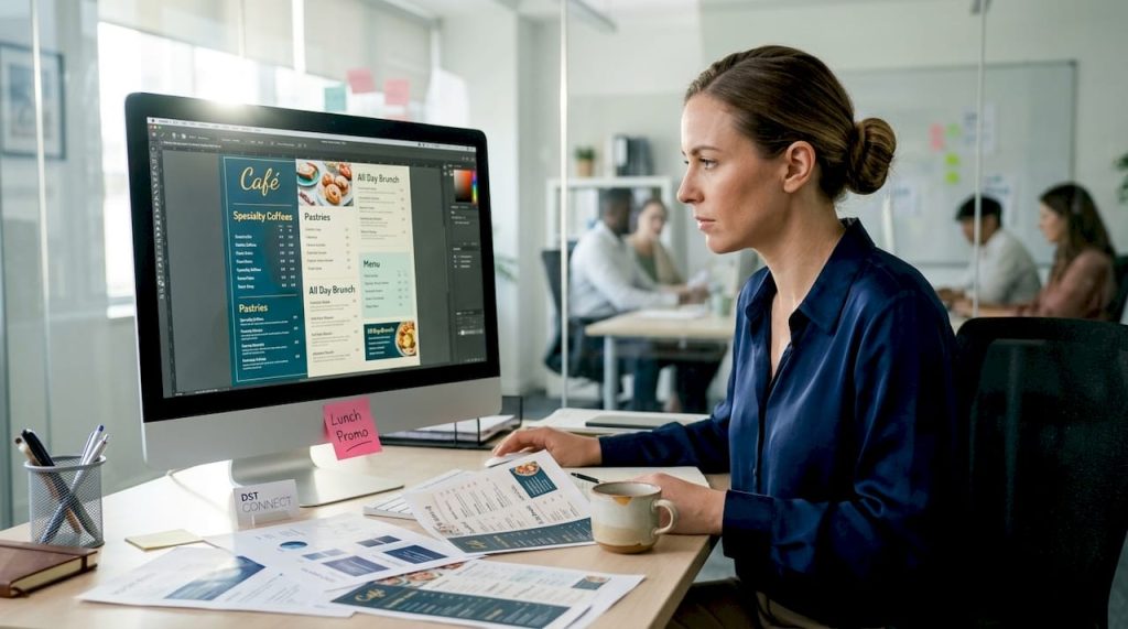 Marketing manager updating digital menu board