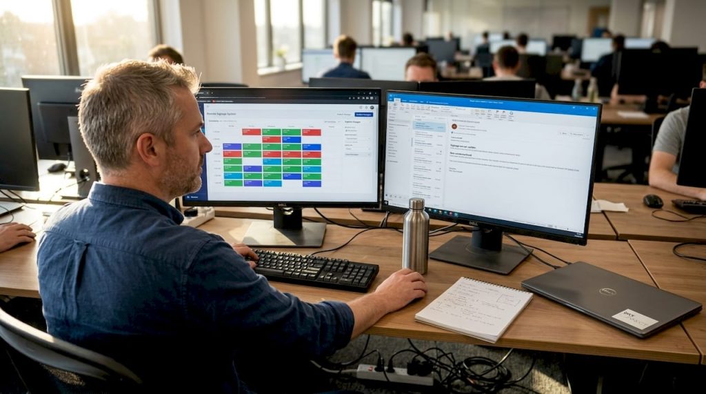 IT manager managing digital signage scheduling