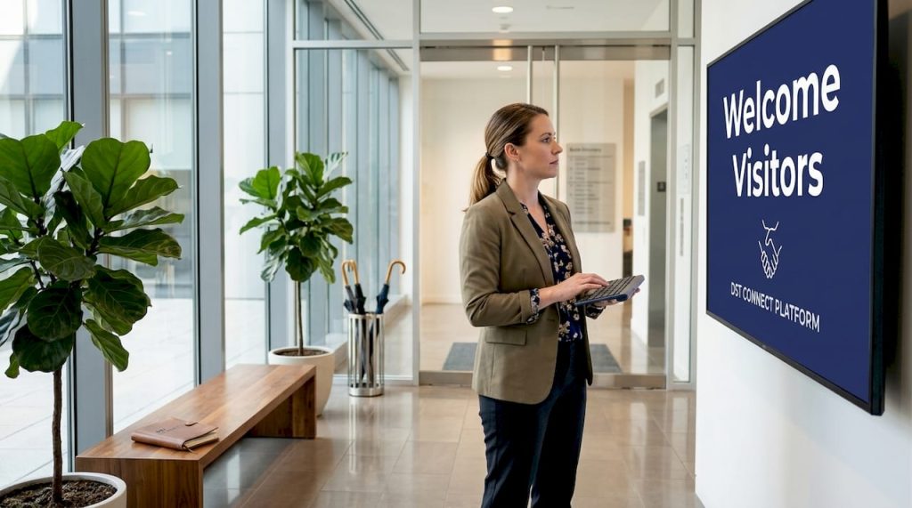 Office manager updates digital signage lobby screen