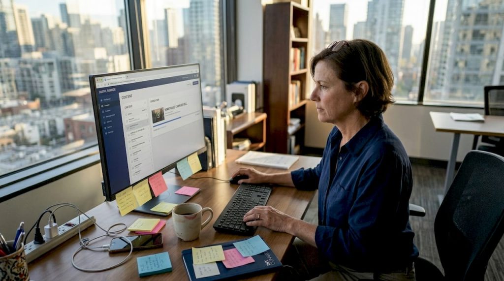 Manager updates cloud signage in corner office