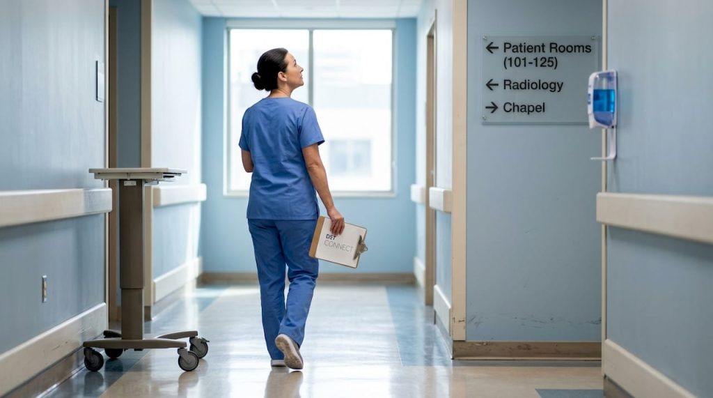 Nurse walking past hospital direction signage