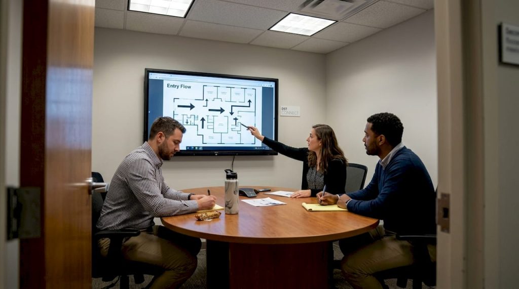 Office team discussing digital signage layout