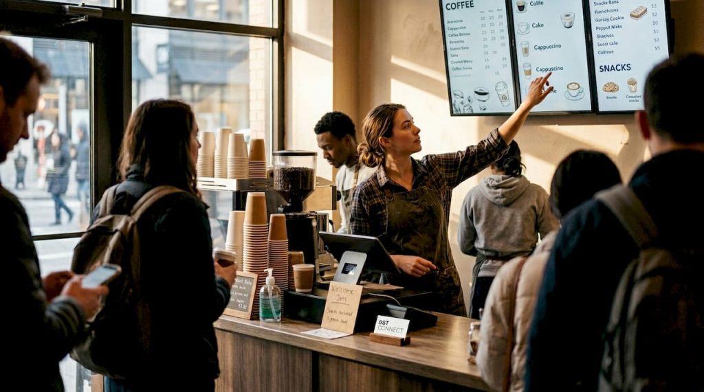 Barista updating interactive menu board in café