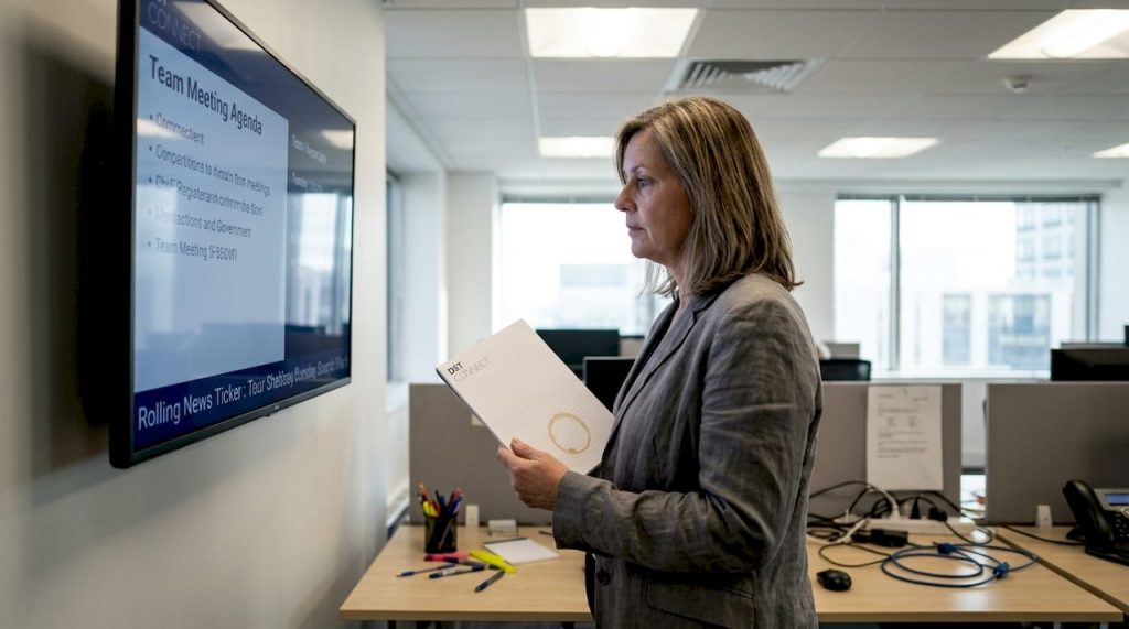 Manager reviewing office digital notice board