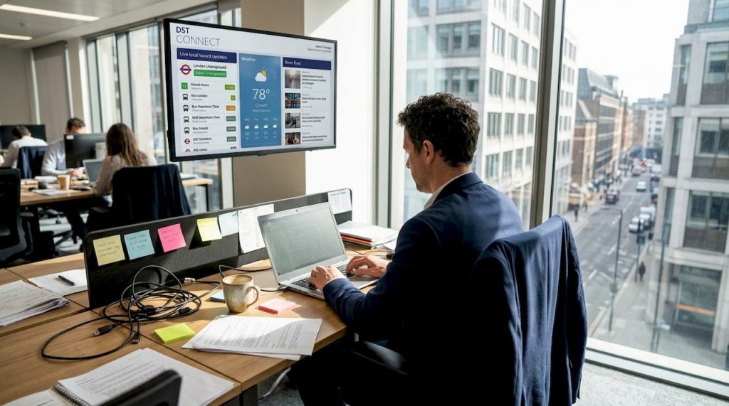 IT manager updating digital signage in office