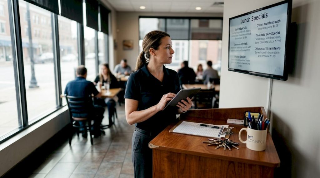 Manager updating restaurant digital sign via tablet