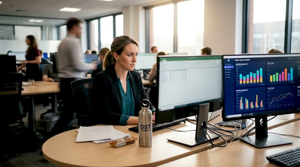 Marketing manager reviews digital signage ROI dashboard