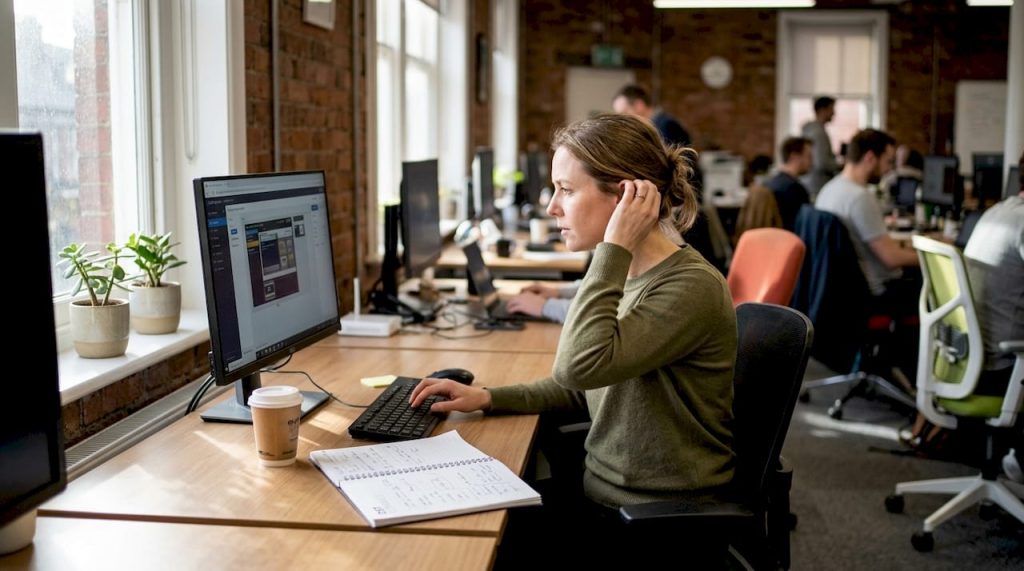 Woman updating digital signage at office desk