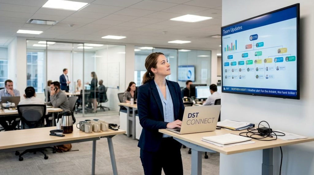 Employee checking office digital display updates