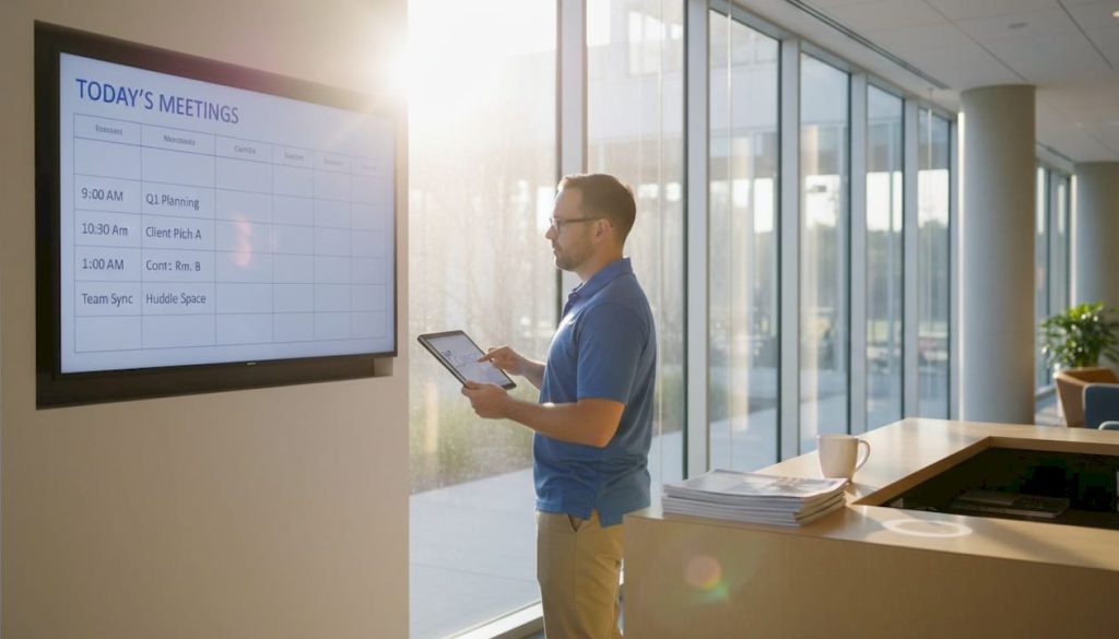 Facility manager scheduling digital display in lobby
