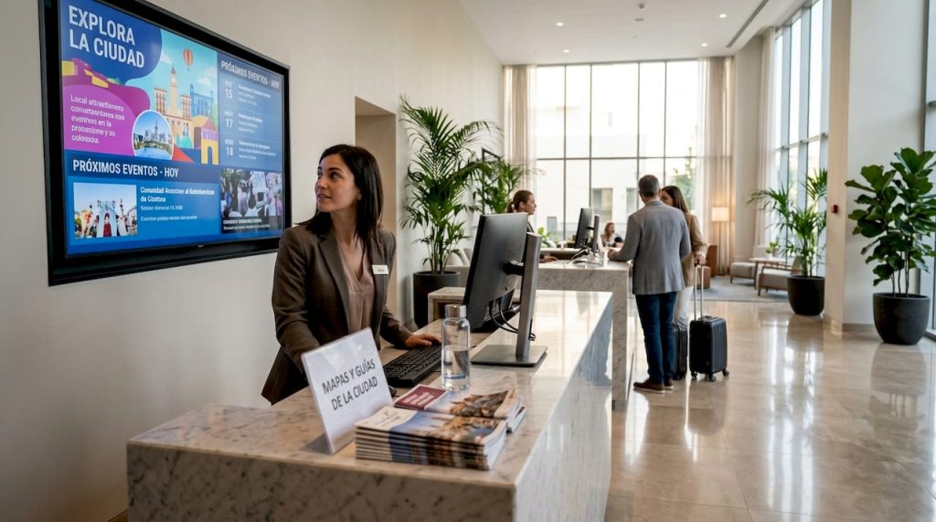 Recepción con pantalla digital en el lobby del hotel