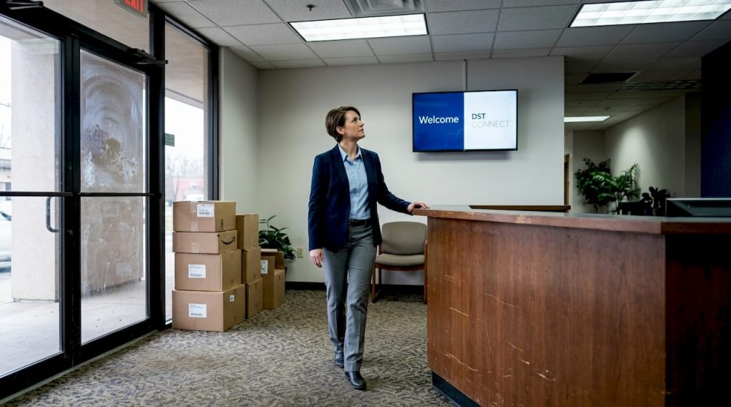 Manager viewing digital signage in office lobby