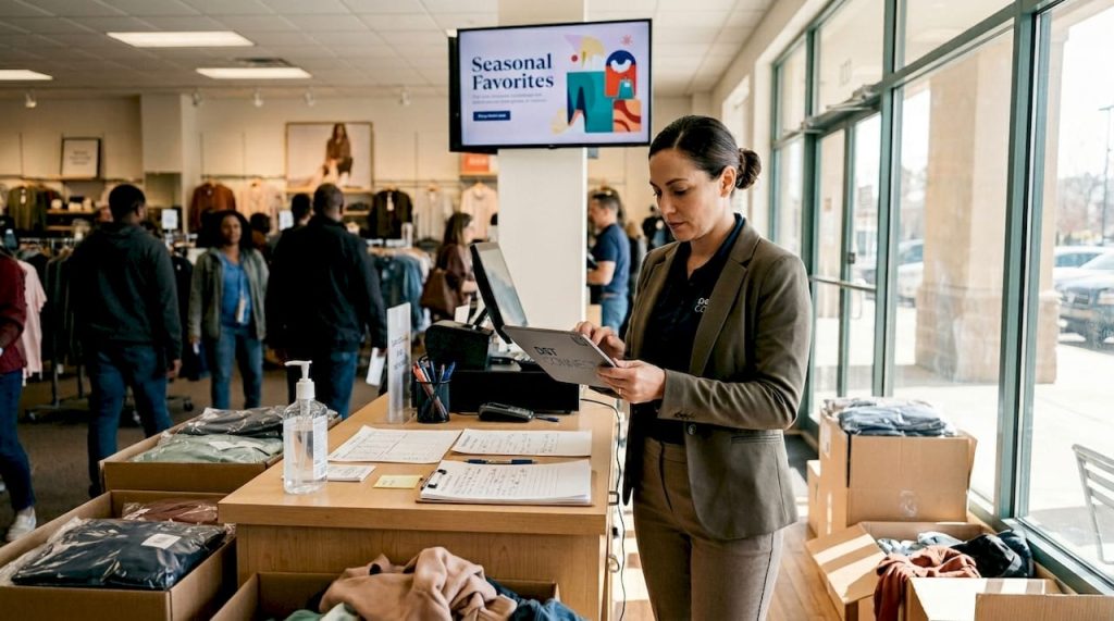 Retail manager updating signage in store