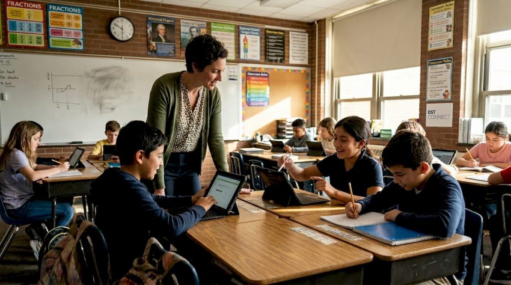 Teacher guides students using tablets in class