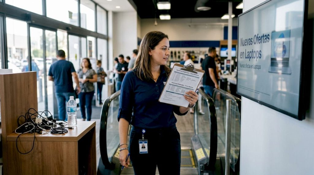El encargado de la tienda revisa una pantalla digital dentro del establecimiento.