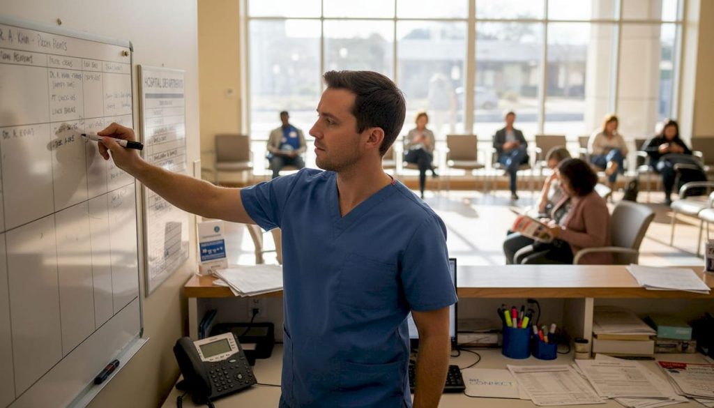 Receptionist updates printed hospital signage in lobby