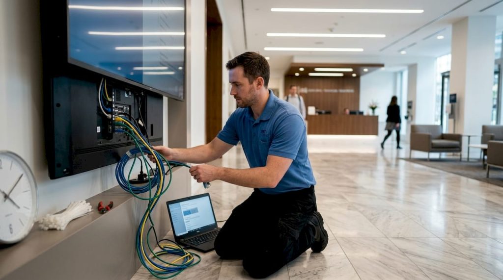 IT specialist connecting office digital display