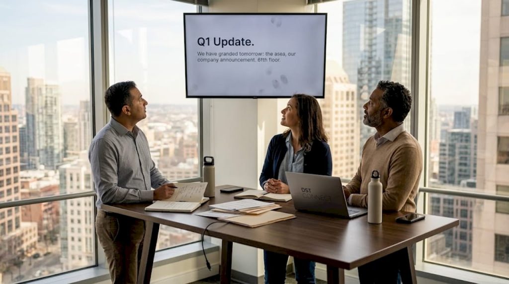 Executives reviewing digital signage in office