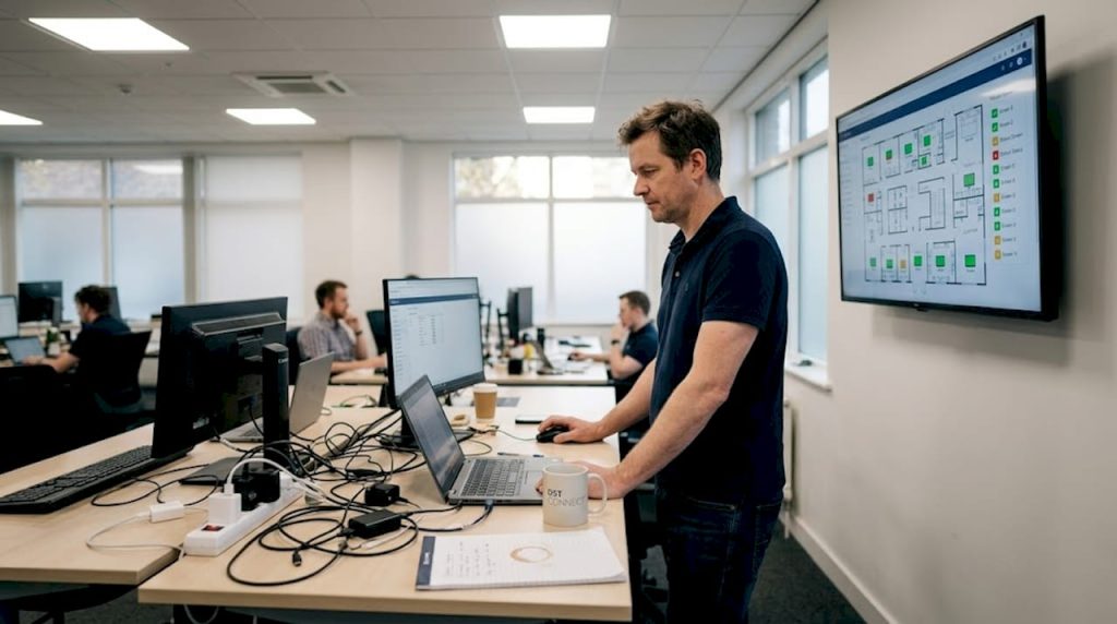 IT manager checking digital signage dashboard