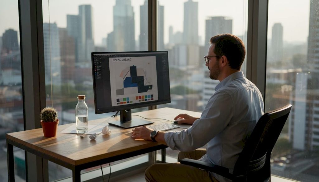 Un diseñador gráfico revisa su trabajo en la pantalla del ordenador dentro de la oficina.