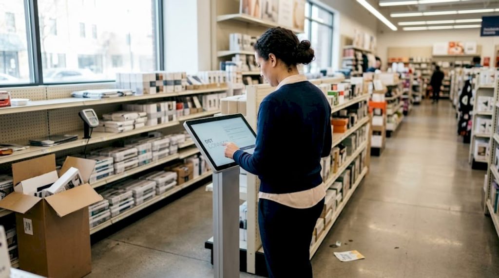 Store manager adjusting digital retail display
