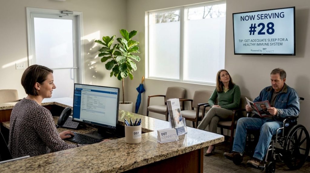 Receptionist at clinic desk with ADA compliant display