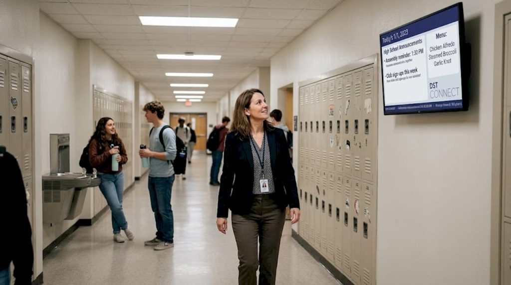 Principal checking digital sign in school hallway