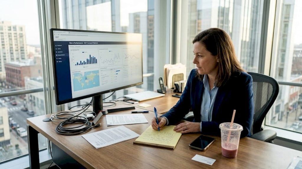Manager checks digital signage dashboard at desk