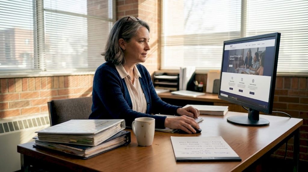 Principal checking school web content in office