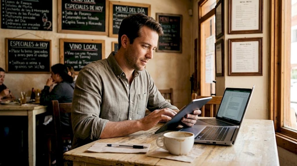 El encargado del restaurante revisa detenidamente el menú digital para asegurarse de que todo esté correcto.
