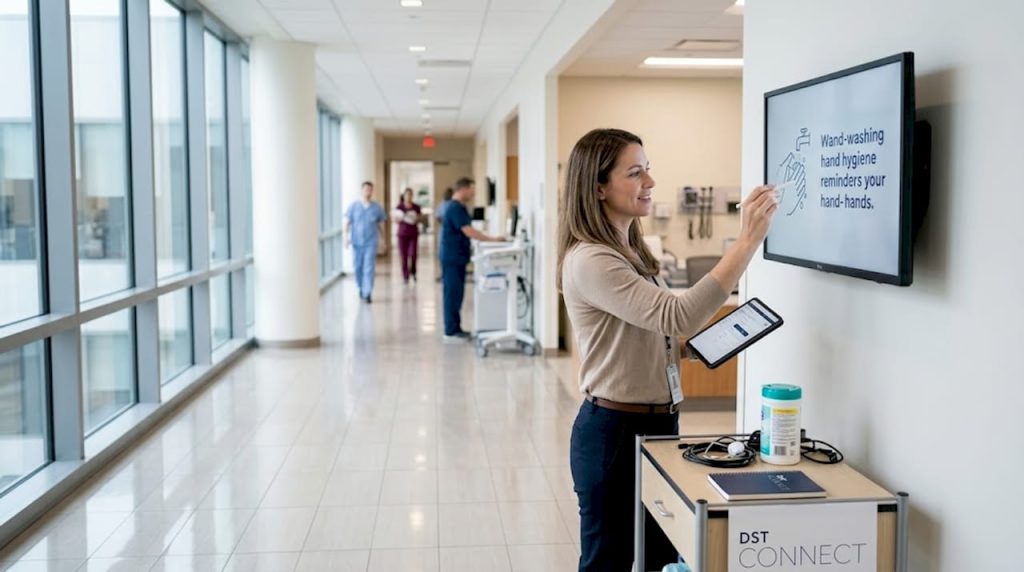Manager updating digital signage in clinic hallway
