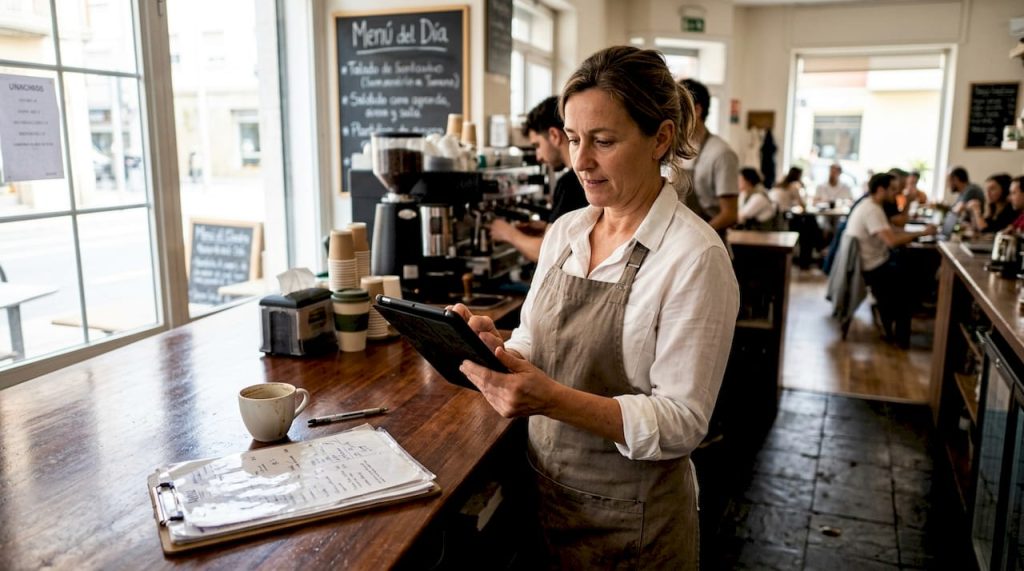 El encargado del café revisa la tablet donde se muestra el menú digital.