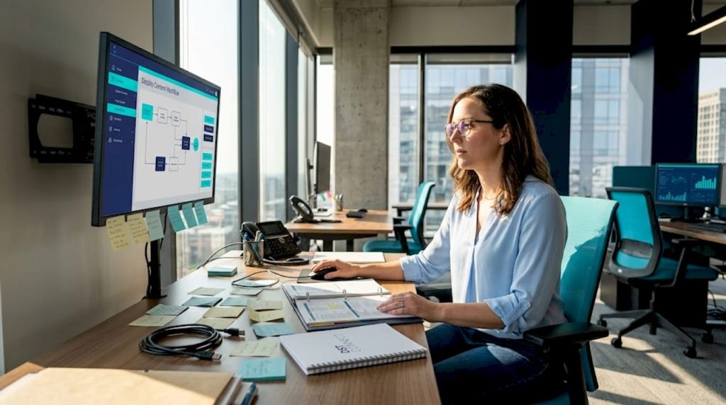 Manager reviewing digital content workflow
