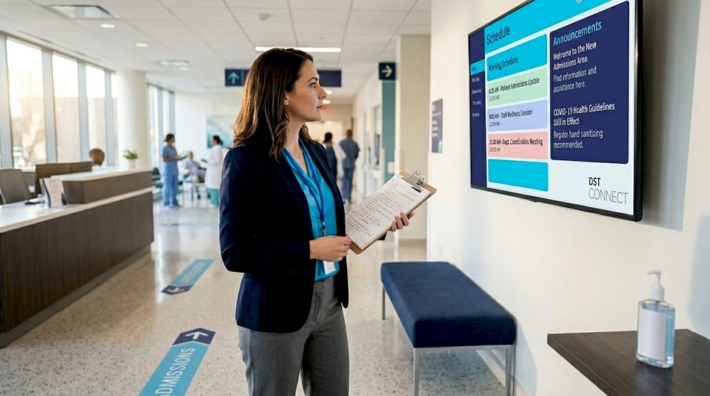 Hospital administrator reviewing wall digital display
