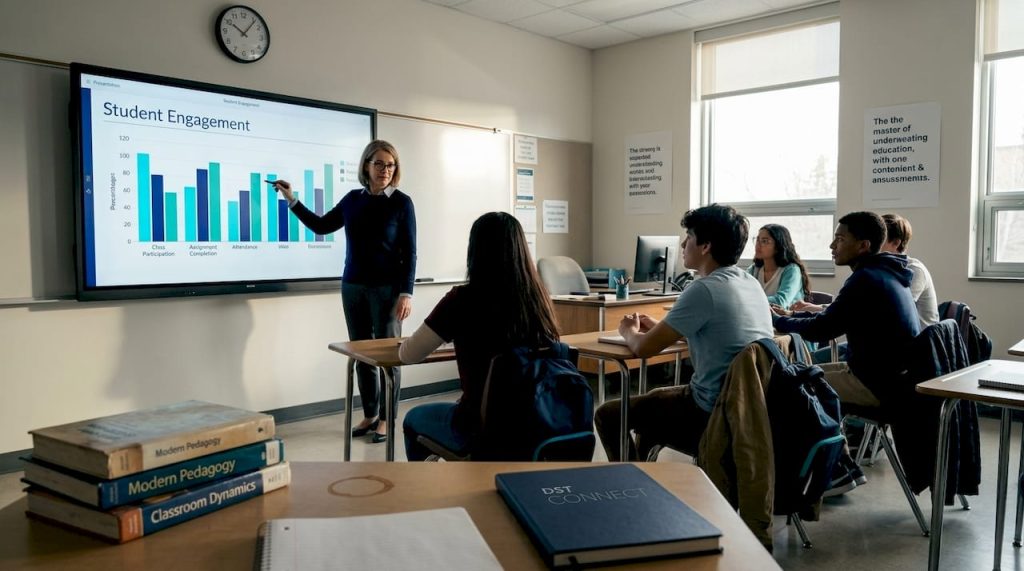 Teacher presenting with digital display in classroom