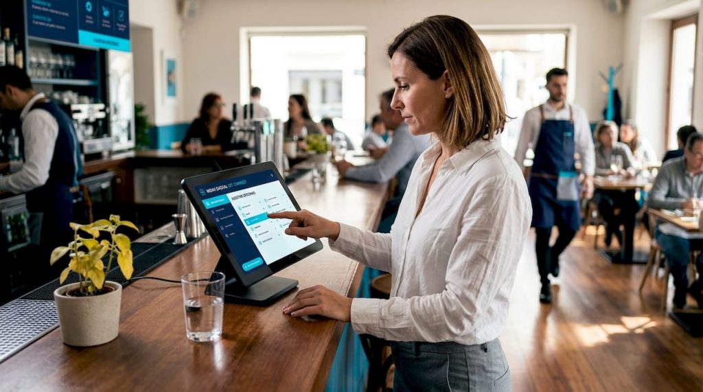 El gerente del restaurante revisa el menú digital para asegurarse de que todo esté correcto.