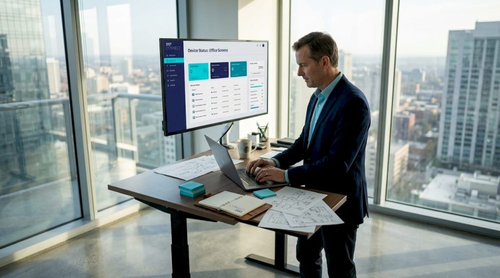 IT leader managing screens in corner office